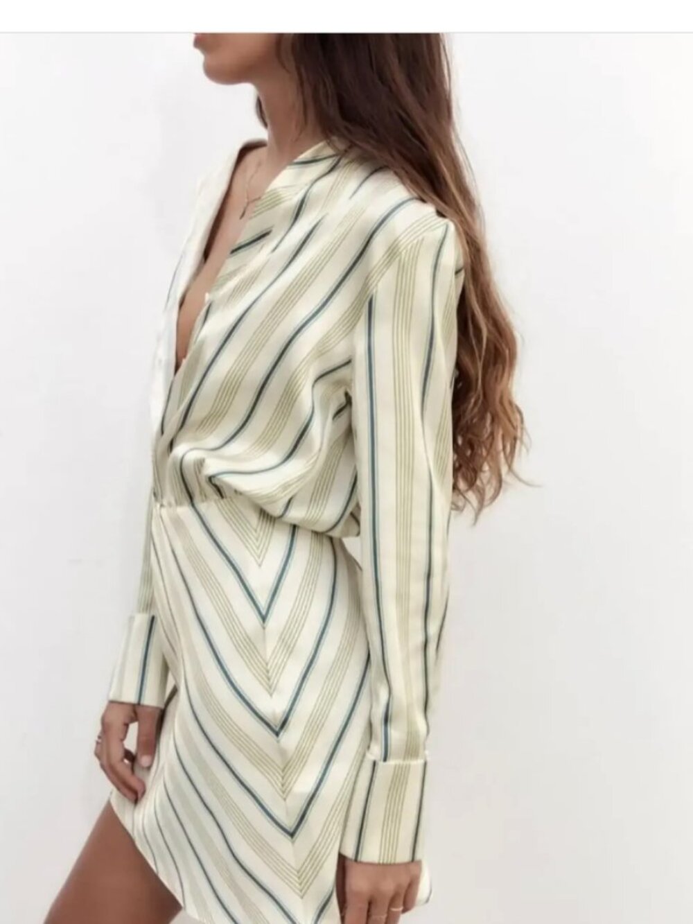 Zara Satin Stripe Shirt Dress Mini Ecru Green Long Sleeve Size M - Picture 4 of 12